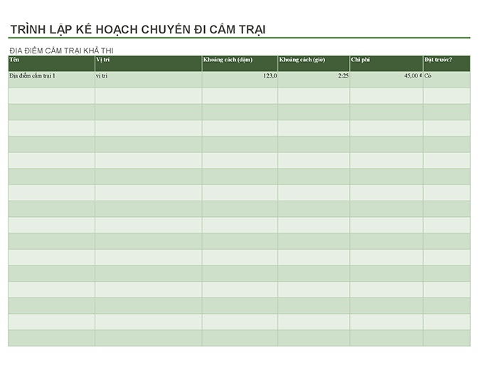 Trình lập kế hoạch chuyến đi cắm trại Trình lập kế hoạch chuyến đi cắm trại