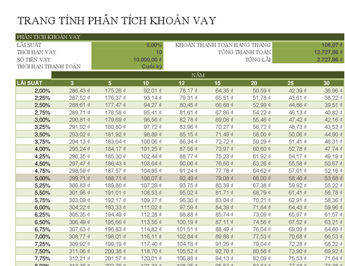 Trang tính phân tích khoản vay Trang tính phân tích khoản vay