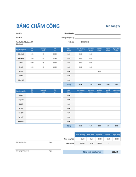 Bảng chấm công hàng tuần Bảng chấm công hàng tuần