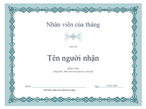 Chứng chỉ Nhân viên của tháng (thiết kế xích màu lam) Chứng chỉ Nhân viên của tháng (thiết kế xích màu lam)