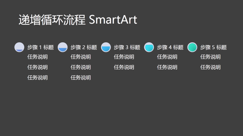 递增循环流程 SmartArt 幻灯片(黑底灰色和蓝色),宽屏 递增循环流程 SmartArt 幻灯片(黑底灰色和蓝色),宽屏